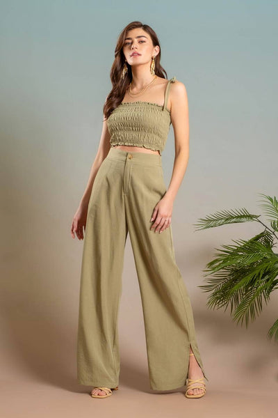 HIGH WAIST WIDE SPLIT LEG DRESS PANTS: OLIVE