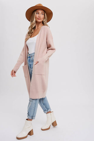 RIBBED OPEN FRONT CARDIGAN: BLUSH / M/L