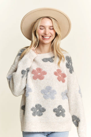 LESW3591X - PLUS PUFF FLOWER COMFY SWEATER: BEIGE / 3XL