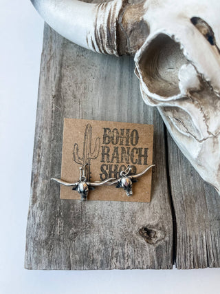 Western Longhorn Steer Burnish Silver Earrings