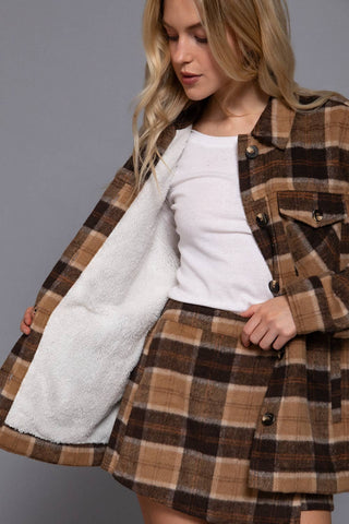 Long Sleeve Inside Faux Fur Brushed Plaid Jacket