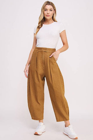 HIGH WAIST PLEATED BAGGY ANKLE LENGTH TROUSERS: MOCHA / XL