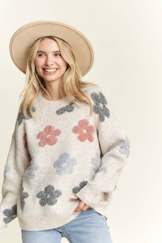 LESW3591X - PLUS PUFF FLOWER COMFY SWEATER: BEIGE / 1XL