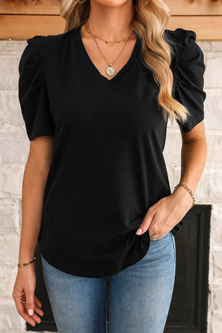 Puff Sleeve V-Neck T-Shirt | S-XL: Black / Missy / XL