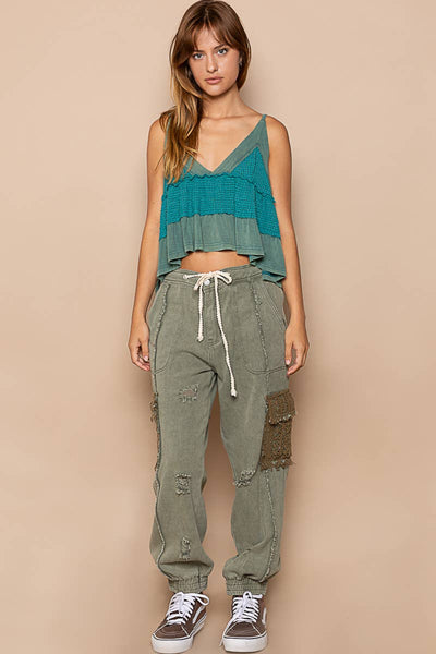 Tie waistband contrast crochet cargo pockets denim joggers: M / DENIM