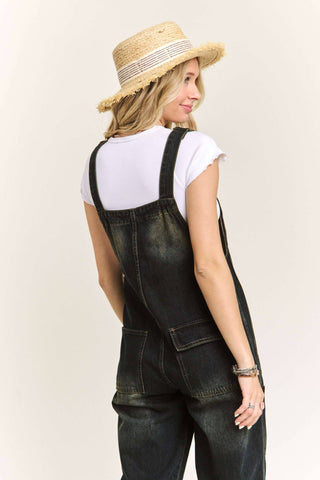 LEJP3648- WASHED DENIM CASUAL OVERALLS: DENIM BLACK / M