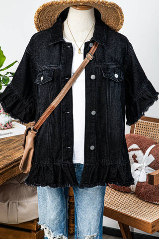 Western Fall Raw Edge Ruffle Short Sleeve Denim Jacket: As shown / Missy / XL