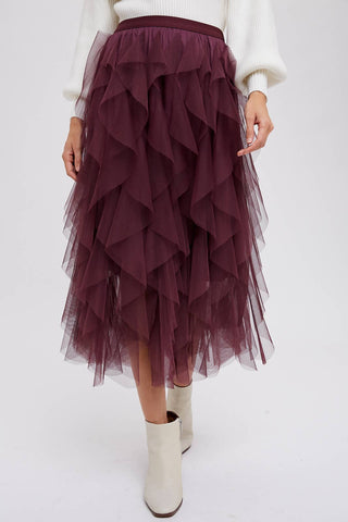 SPRIAL RUFFLED TULLE MIDI SKIRT: PLUM / M