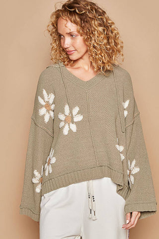 Hooded v-neck floral pattern ribbed openings sweater SALE: CHARCOAL / S