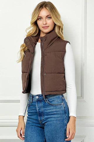 Lightweig Padded Crop Puffer Vest, Sleeveless Puffer Vest: Khaki / L