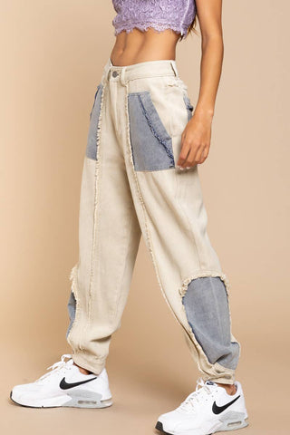 Denim detailed solid twill jogger pants SALE: BEIGE/DENIM MULTI / L