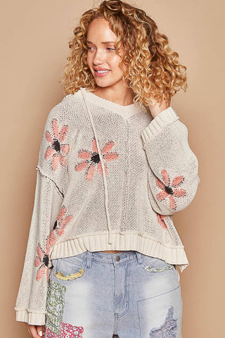 Hooded v-neck floral pattern ribbed openings sweater SALE: CHARCOAL / S