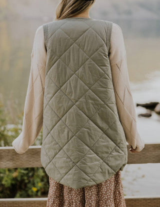 Quilted Long Vest Jacket with Pockets: S / Green