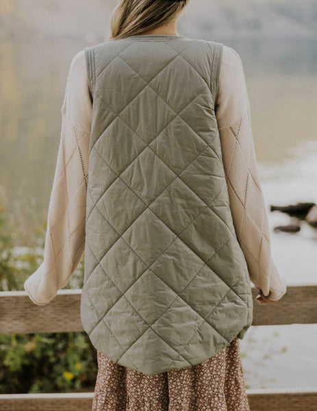 Quilted Long Vest Jacket with Pockets: M / Green