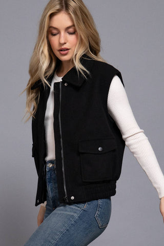 Notched Collar Soft Felt Zip Up Vest