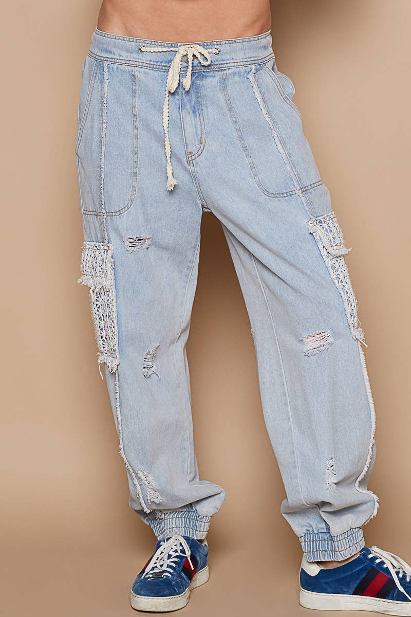 Tie waistband contrast crochet cargo pockets denim joggers: M / DENIM