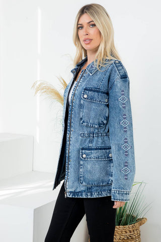 Stone Washed Anorak Jacket w/ Aztec Embroidery