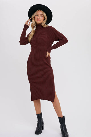 TURTLENECK RIBBED SWEATER MIDI DRESS: CHOCOLATE / S