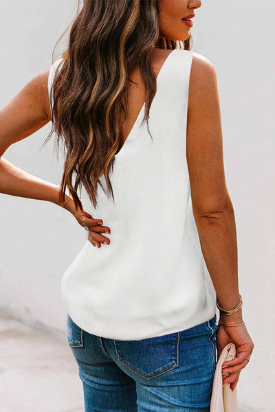 White Solid Color Deep V-Neck Loose Tank Top: L / White / 100%Polyester