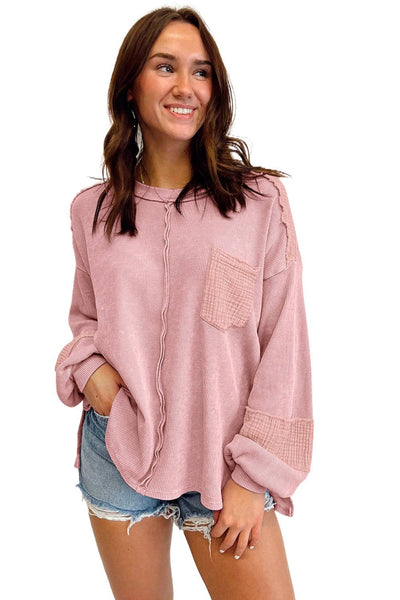 Pink Exposed Seam Patchwork Bubble Sleeve Waffle Knit Top: Pink / L / 62.7%Polyester+37.3%Cotton