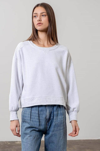 SOLID DROP SHOULDER RAW EDGE KNIT TOP: HEATHER GREY