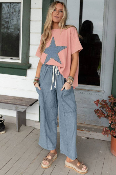 Apricot Pink Mineral Wash Studded Star Patch Graphic High Low Tee: Apricot Pink / S / 95%Cotton+5%Elastane