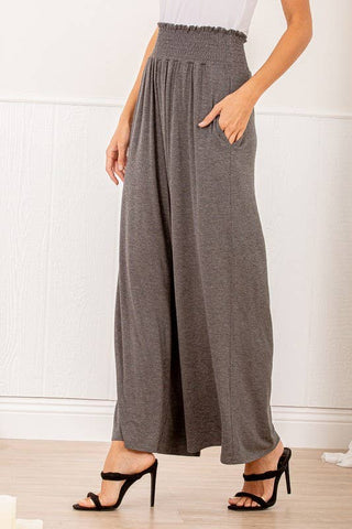 SP1123-10 FOLD OVER WIDE LEG SOLID PANTS WITH SMOCKED: 2-2-2 (1X-2X-3X) / CHARCOAL