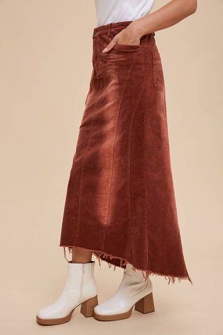 GARMENT WASHED CORDUROY MIDI SKIRT: DARK OLIVE / S