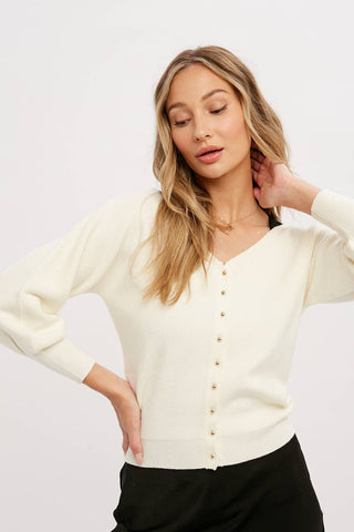 V-NECK BUTTON UP PULLOVER: CREAM / M