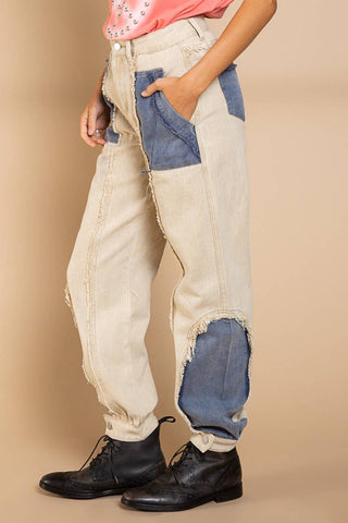 Denim detailed solid twill jogger pants SALE: BEIGE/DENIM MULTI / L