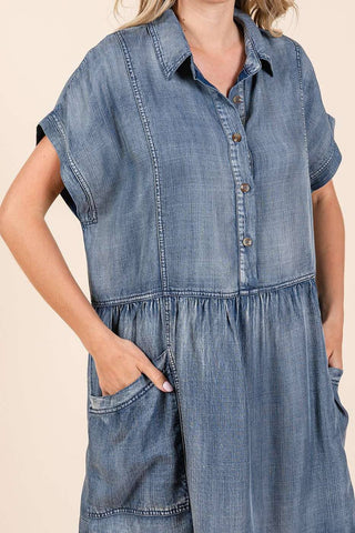 WASHED CHAMBRAY PATCH POCKET SHIRT MINI DRESS: DARK DENIM / L