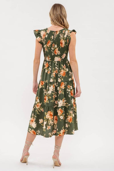 SMOCKED TIERED FLORAL MIDI DRESS: BLACK MULTI