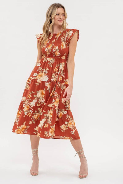 SMOCKED TIERED FLORAL MIDI DRESS: BLACK MULTI