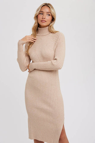 TURTLENECK RIBBED SWEATER MIDI DRESS: CHOCOLATE / S