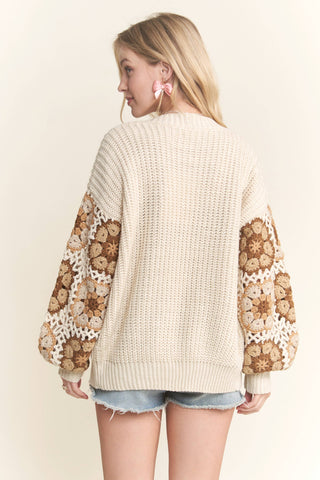 CESW3718 - CROCHET SLEEVE SWEATER CARDIGAN: BEIGE / L