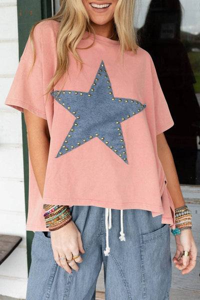 Apricot Pink Mineral Wash Studded Star Patch Graphic High Low Tee: Apricot Pink / XL / 95%Cotton+5%Elastane