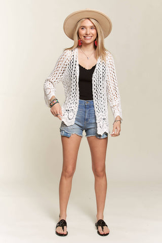 LET3546- CROCHET CARDIGAN WITH SCALLOP HEM: BEIGE / S/M