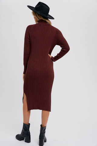 TURTLENECK RIBBED SWEATER MIDI DRESS: CHOCOLATE / S