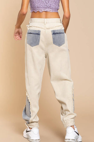 Denim detailed solid twill jogger pants SALE: BEIGE/DENIM MULTI / L