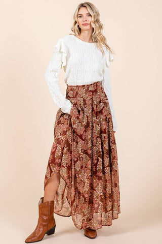 BOHO PAISLEY PRINT SMOCKED WAIST MAXI SKIRT: RED BROWN / L