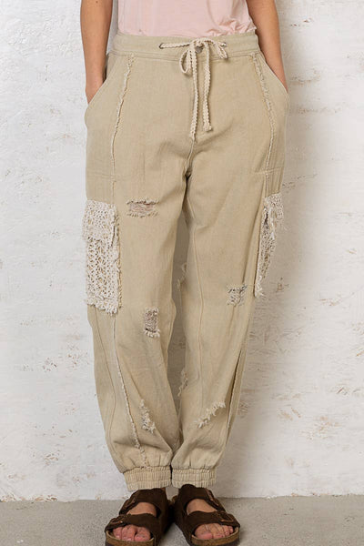 Tie waistband contrast crochet cargo pockets denim joggers: L / DENIM