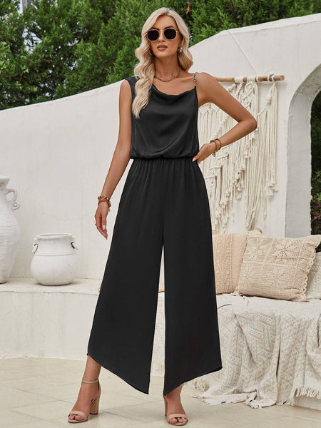 Solid Color Suspender Waist Wide Leg Jumpsuit: M / Apricot