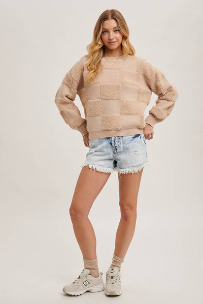 CHECKERED SHERPA ROUND NECK KNIT SWEATER: Beige / M/L