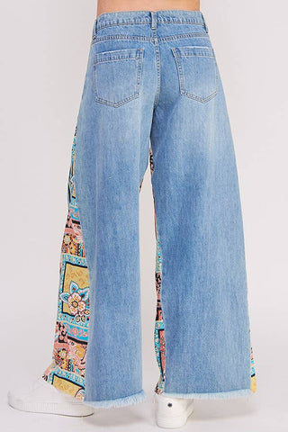 MID RISE PAISLEY PRINT PATCHWORK STRAIGHT LEG PANT: DENIM / L