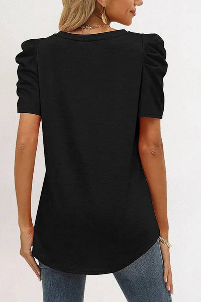 Puff Sleeve V-Neck T-Shirt: M / Black
