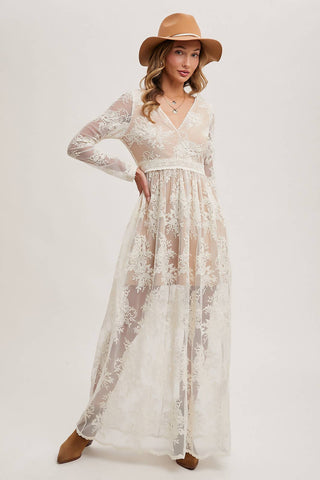 BOHO FLORAL LACE V-NECK MAXI DRESS WITH LINING: ECRU / M