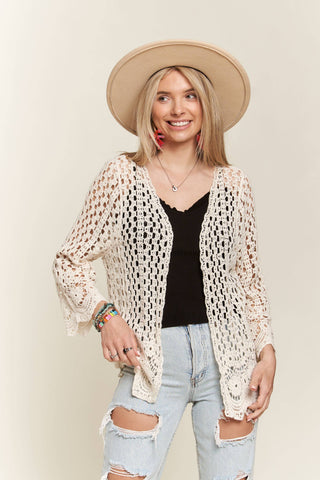 LET3546- CROCHET CARDIGAN WITH SCALLOP HEM: BEIGE / S/M