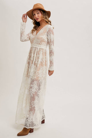 BOHO FLORAL LACE V-NECK MAXI DRESS WITH LINING: ECRU / L