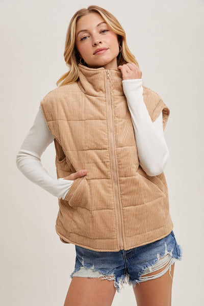 CORDUROY QUILTED PUFFER VEST: ECRU / S