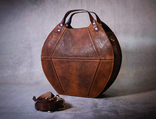 Handmade Womens Leather Handbag Shoulder Bag Round Tote: Handbag only